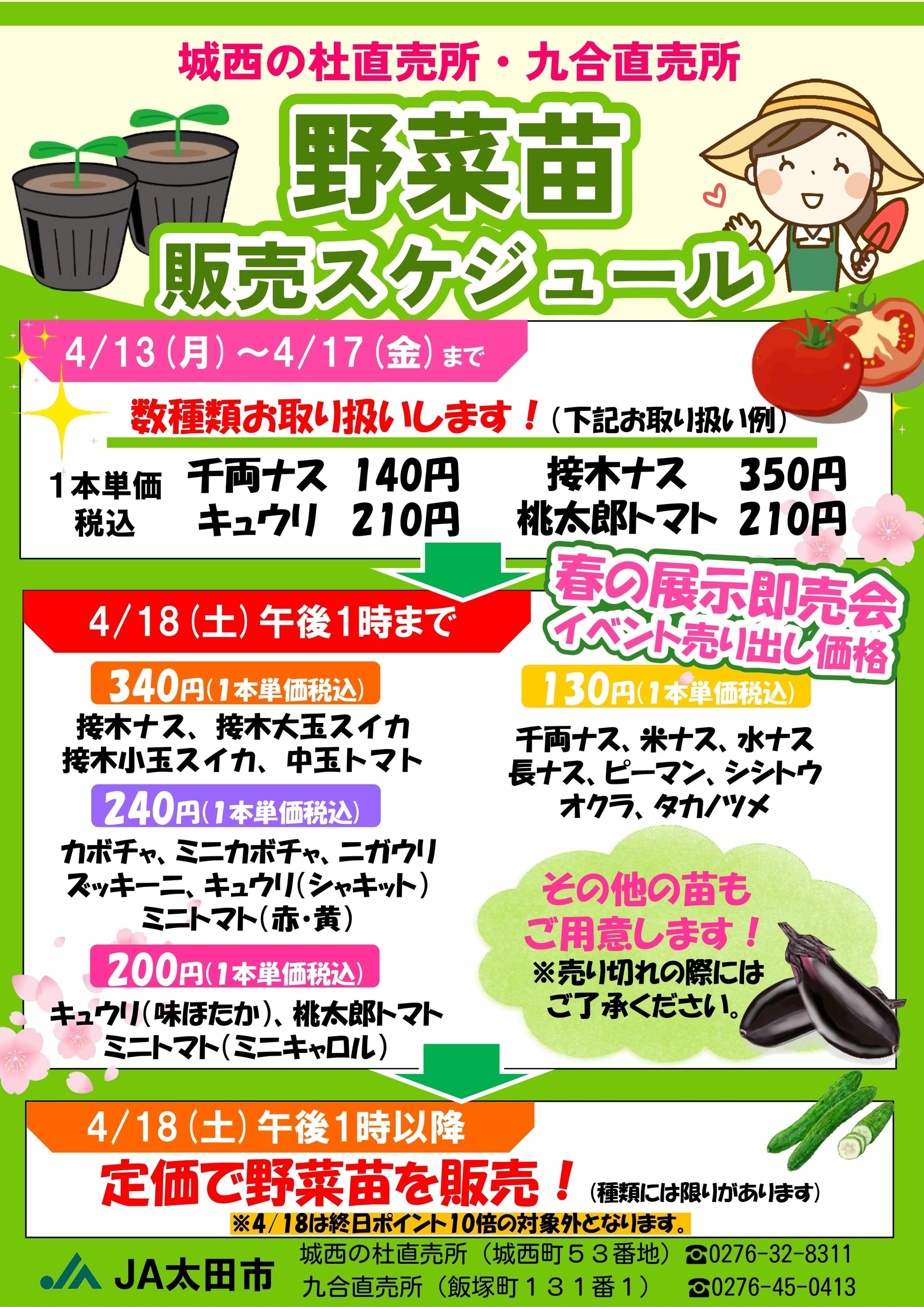 4/13～順次野菜苗販売をいたします！